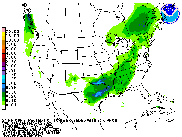 24-Hour 25th
                     Percentile QPF valid 06Z May 3, 2025