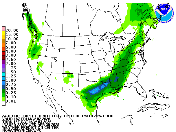 24-Hour 25th
                     Percentile QPF valid 18Z May 3, 2025