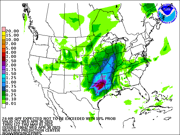24-Hour 50th
                     Percentile QPF valid 12Z May 1, 2025