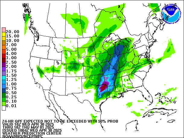 24-Hour 50th
                     Percentile QPF valid 18Z May 1, 2025