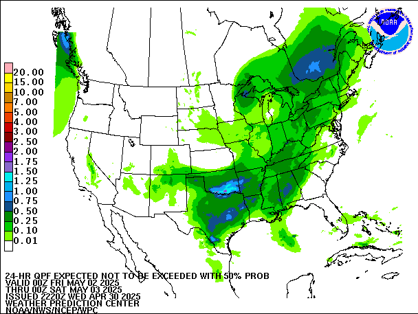 24-Hour 50th
                     Percentile QPF valid 00Z May 3, 2025