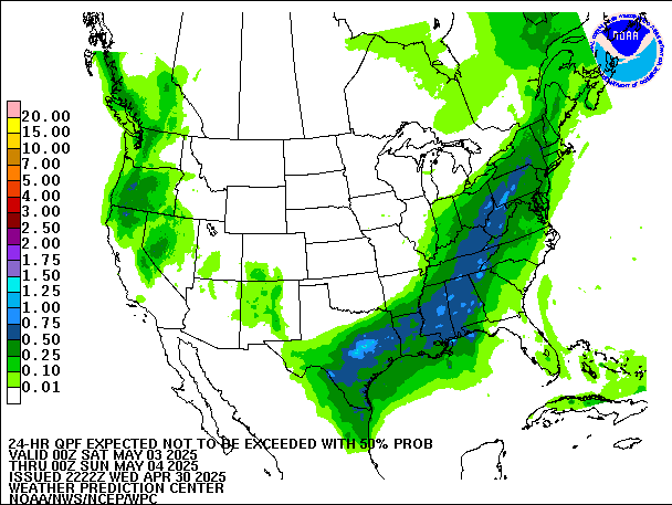 24-Hour 50th
                     Percentile QPF valid 00Z May 4, 2025