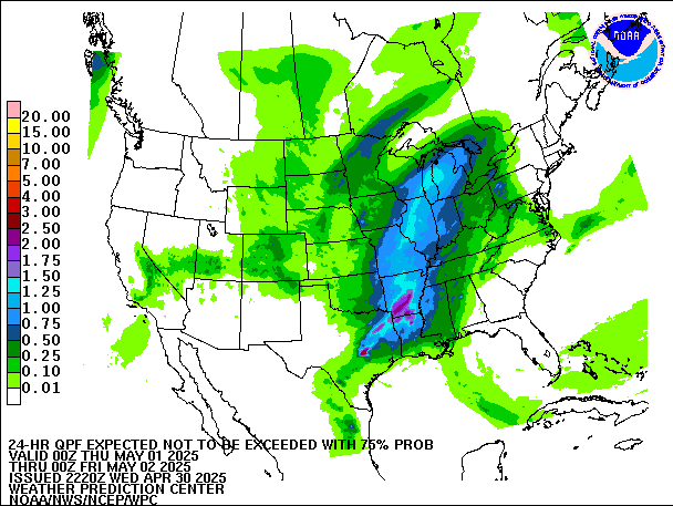 24-Hour 75th
                     Percentile QPF valid 00Z May 2, 2025