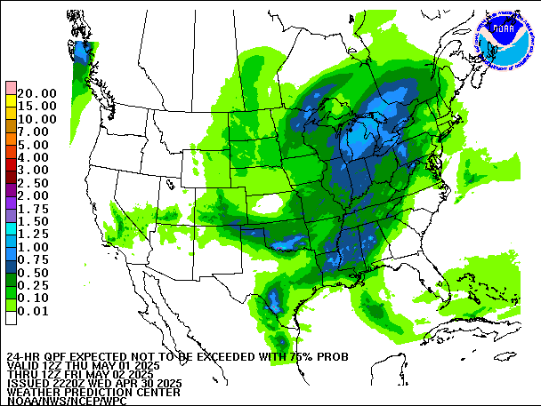 24-Hour 75th
                     Percentile QPF valid 12Z May 2, 2025