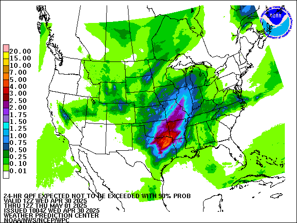 24-Hour 90th
                     Percentile QPF valid 12Z May 1, 2025