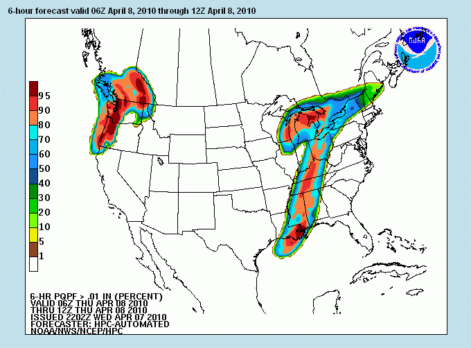 Example of the main display area for the 6-hour 
   probability of precipitation exceeding a specified amount.