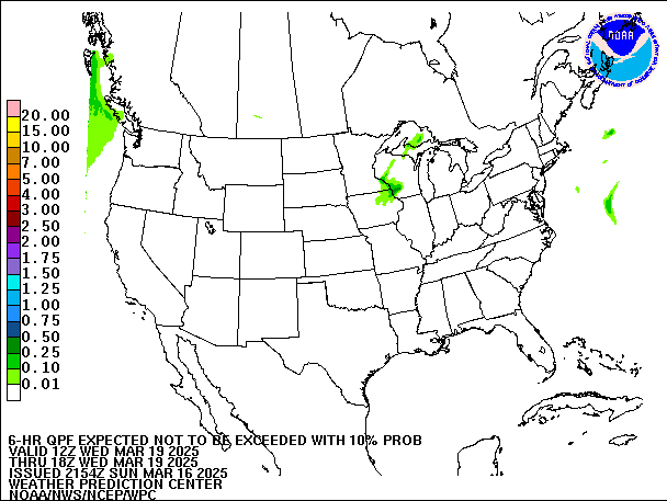 6-Hour 10th
                     Percentile QPF valid 18Z March 19, 2025