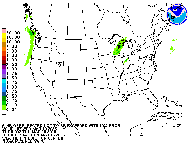 6-Hour 10th
                     Percentile QPF valid 00Z March 20, 2025