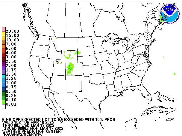 6-Hour 10th
                     Percentile QPF valid 00Z March 19, 2025
