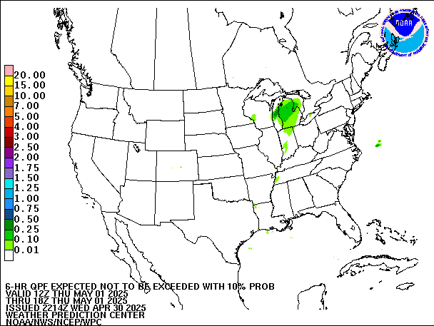 6-Hour 10th
                     Percentile QPF valid 18Z May 1, 2025