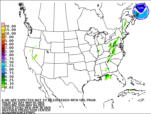 6-Hour 10th
                     Percentile QPF valid 00Z May 4, 2025