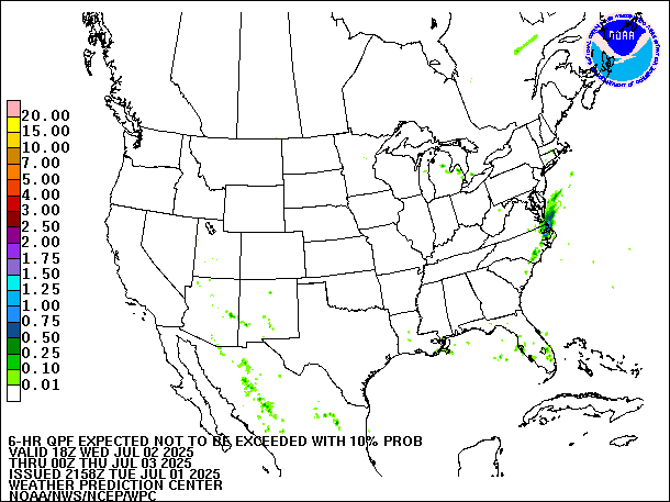 6-Hour 10th
                     Percentile QPF valid 00Z July 3, 2025