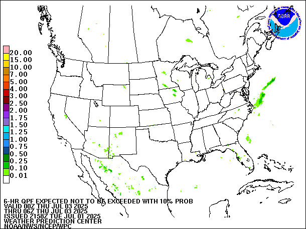 6-Hour 10th
                     Percentile QPF valid 06Z July 3, 2025