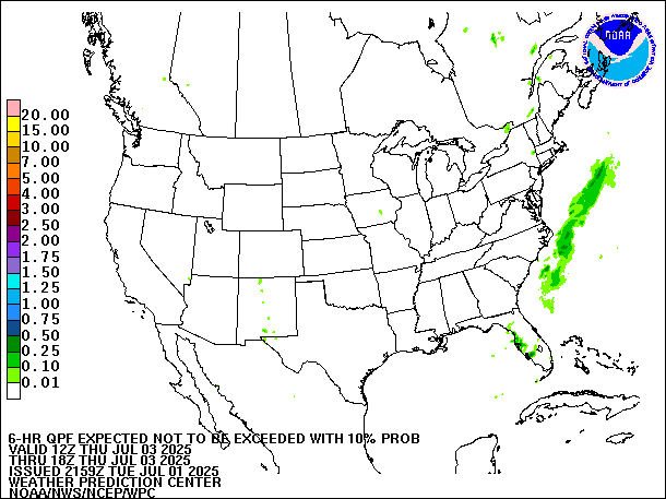 6-Hour 10th
                     Percentile QPF valid 18Z July 3, 2025