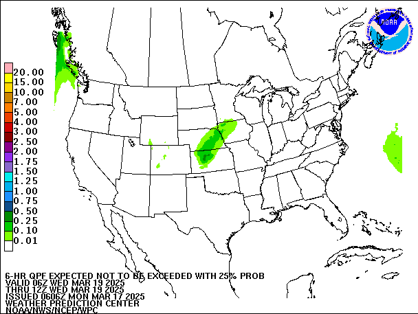 6-Hour 25th
                     Percentile QPF valid 12Z March 19, 2025