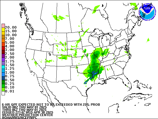 6-Hour 25th
                     Percentile QPF valid 06Z May 1, 2025