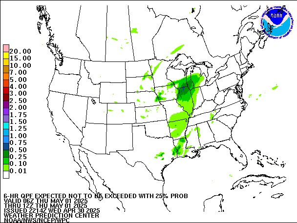 6-Hour 25th
                     Percentile QPF valid 12Z May 1, 2025