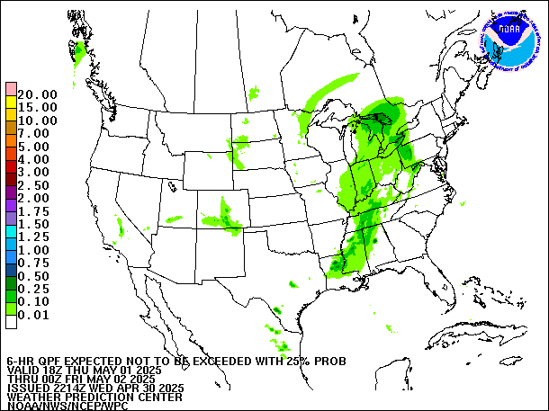 6-Hour 25th
                     Percentile QPF valid 00Z May 2, 2025