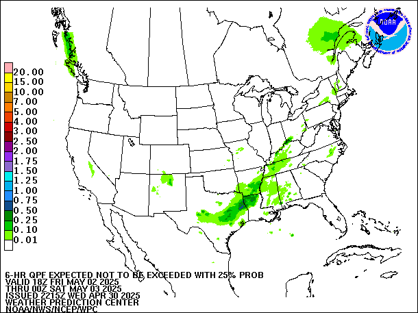 6-Hour 25th
                     Percentile QPF valid 00Z May 3, 2025