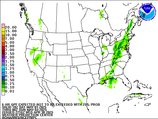6-Hour 25th
                     Percentile QPF valid 00Z May 4, 2025