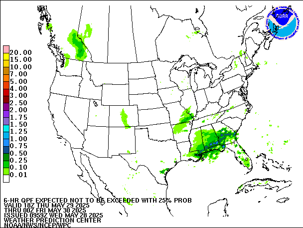 6-Hour 25th
                     Percentile QPF valid 00Z May 30, 2025