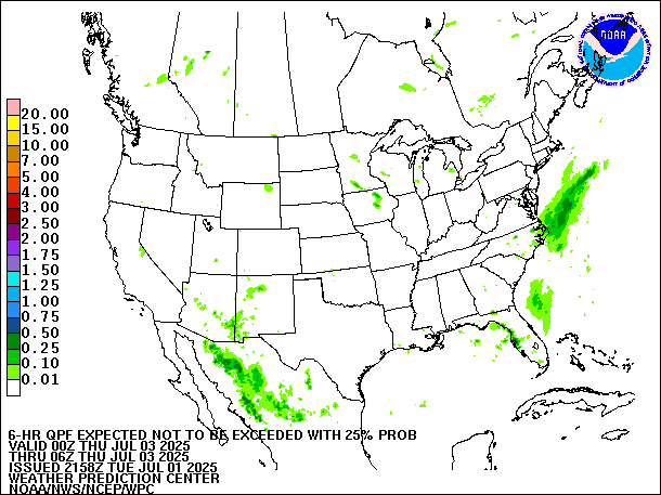6-Hour 25th
                     Percentile QPF valid 06Z July 3, 2025