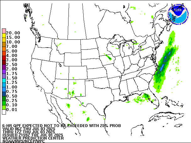 6-Hour 25th
                     Percentile QPF valid 12Z July 3, 2025