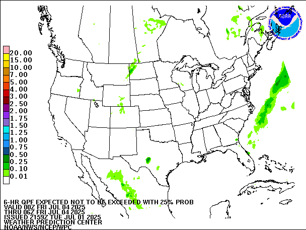 6-Hour 25th
                     Percentile QPF valid 06Z July 4, 2025