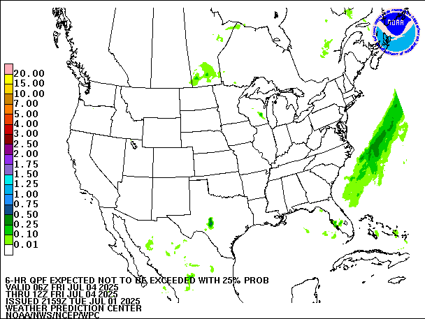 6-Hour 25th
                     Percentile QPF valid 12Z July 4, 2025