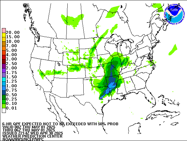 6-Hour 50th
                     Percentile QPF valid 06Z May 1, 2025