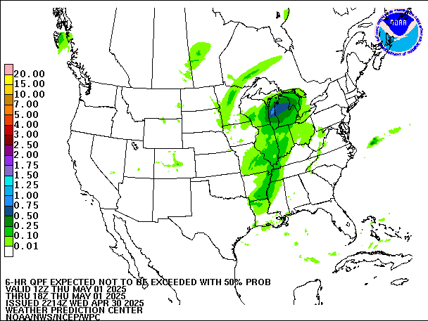 6-Hour 50th
                     Percentile QPF valid 18Z May 1, 2025