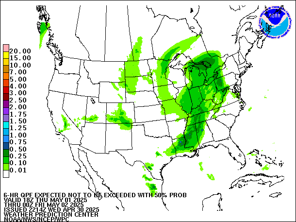6-Hour 50th
                     Percentile QPF valid 00Z May 2, 2025