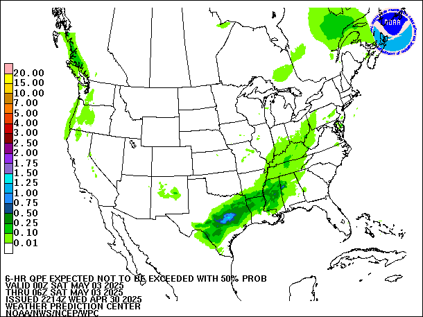 6-Hour 50th
                     Percentile QPF valid 06Z May 3, 2025