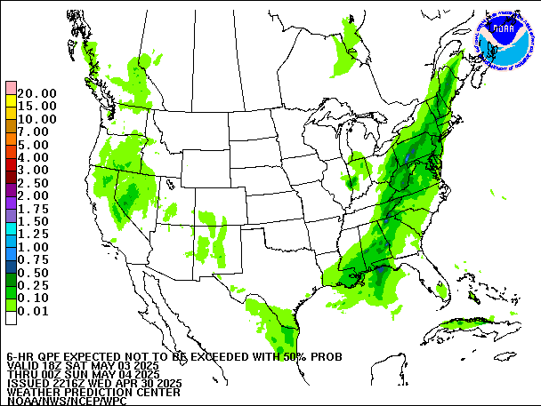 6-Hour 50th
                     Percentile QPF valid 00Z May 4, 2025