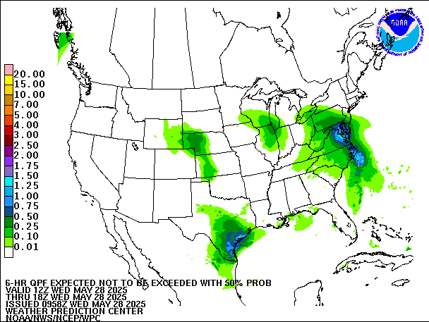 6-Hour 50th
                     Percentile QPF valid 18Z May 28, 2025
