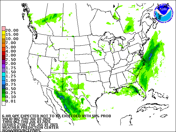 6-Hour 50th
                     Percentile QPF valid 06Z July 3, 2025