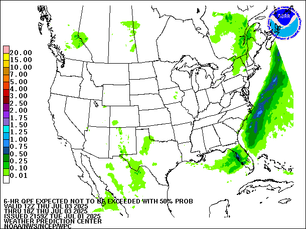 6-Hour 50th
                     Percentile QPF valid 18Z July 3, 2025