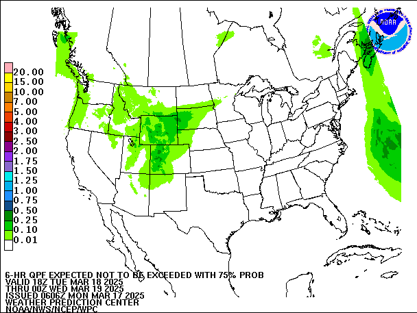 6-Hour 75th
                     Percentile QPF valid 00Z March 19, 2025