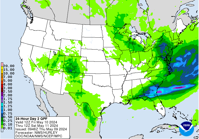 Day 2 24-Hour Quantitative Precipitation Forecasts issues by the Weather Prediction Center.