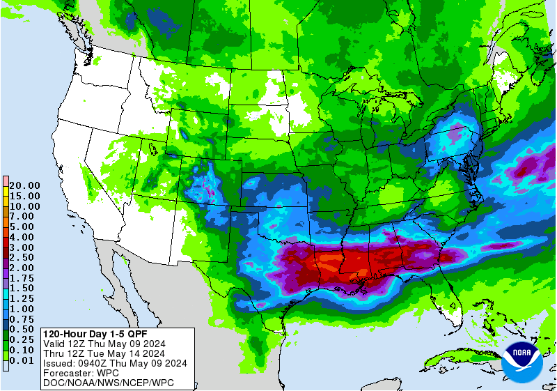 Map showing forecast rainfall for day 1 through day 5