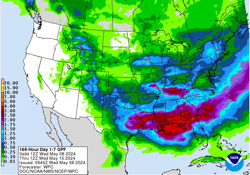 Map of the United States indicating the 7-day precipitation forecast from the National Oceanic and Atmospheric Administration