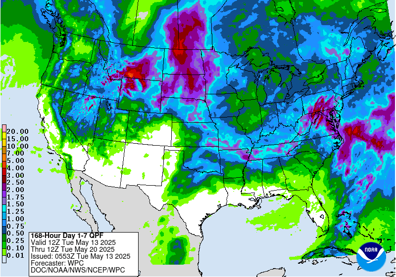 Map of the United States indicating the 7-day precipitation forecast from the National Oceanic and Atmospheric Administration