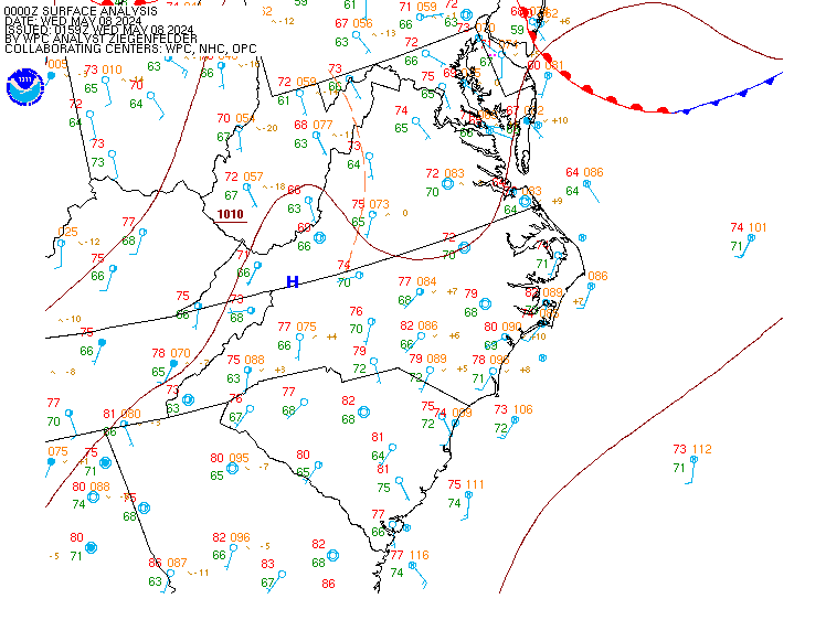 Current weather map for the U.S. Mid-Atlantic