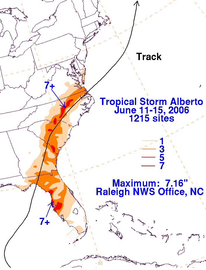 Alberto (2006) Filled Contour Rainfall on White Background