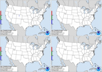 Day 1 probability of snow greater than or equal to 4, 8, and 12 inches and freezing rain greater than or equal to .25 inch