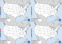 Day 1 probability of snow greater than or equal to 4, 8, and 12 inches and freezing rain greater than or equal to .25 inch