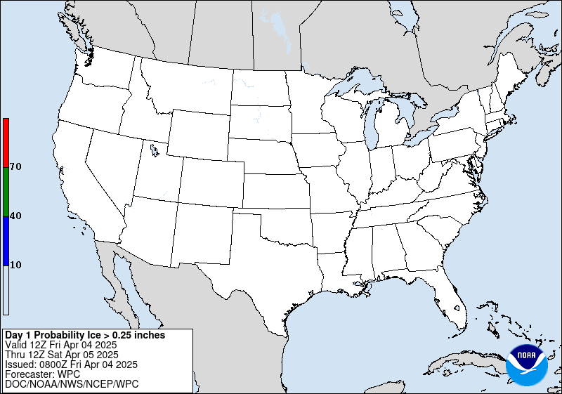 Day 1 depiction of the probability of freezing rain reaching or exceeding 0.25 inch.