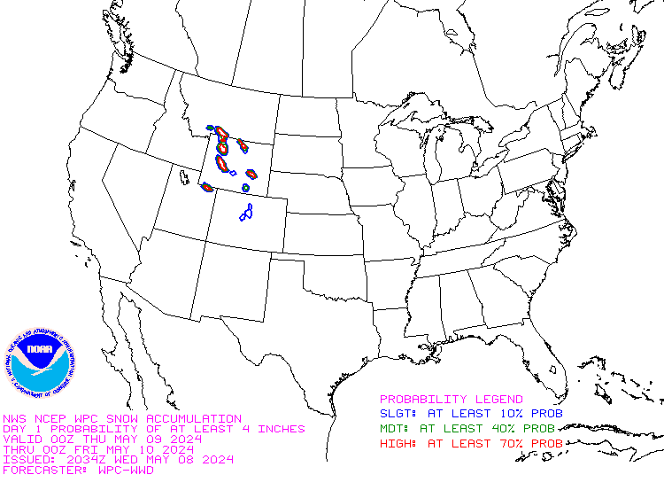 Probability of snowfall greater than or equal to 4 inches
