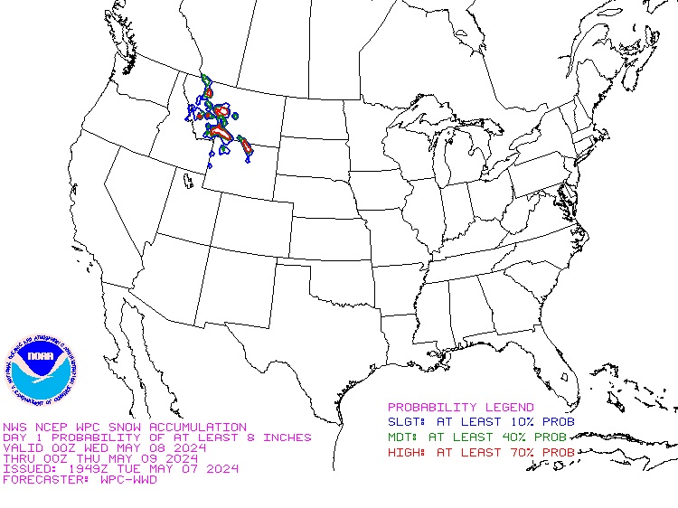 Probability of snowfall greater than or equal to 8 inches
