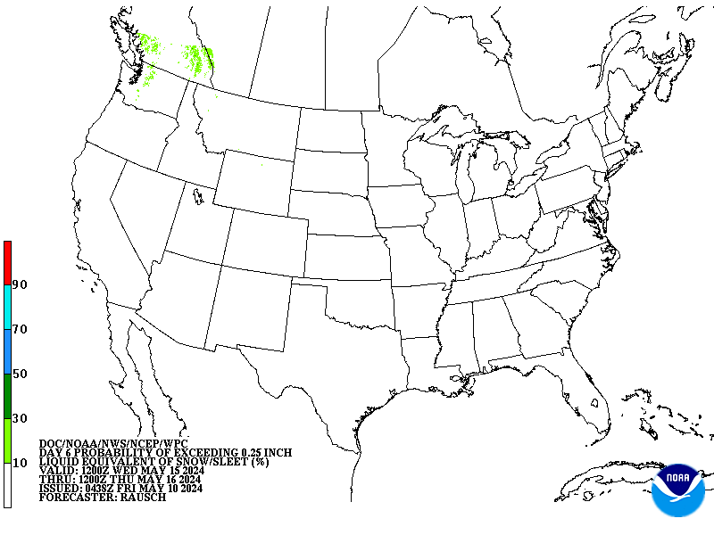 Day 6 probability of at least .25 inch liquid equivalent of snow/sleet.